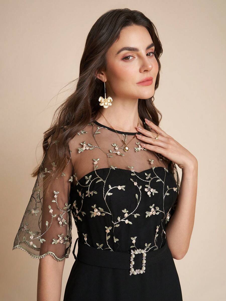 SHEIN Clasi Women's Embroidered Mesh Patchwork Dress, Elegant For Party WearGraduation Women Wedding Guest Dresses Women Beach Wear Women Resort Wear Sundresses Women Birthday Dresses Holiday Capes/Capes - Black - View 1