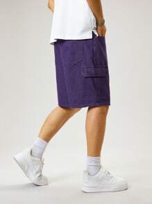 Manfinity Hypemode 男士休闲破洞翻盖口袋牛仔工装短裤，夏季 - 紫色 - 查看 4