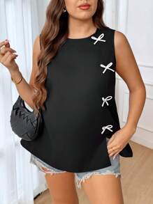SHEIN Frenchy Plus Size Women Bow Decor Crew Neck Sleeveless Casual Shirt,Business Casual Woman