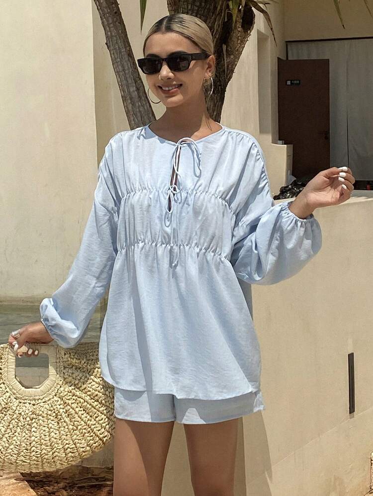 2pcs Women Solid Loose Pleated Top And Straight Leg Shorts Set, Casual Summer Holiday Outfits