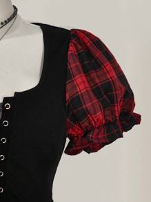 SHEIN ICON Váy kẻ caro Y2K 2 trong 1 tay bồng viền bèo nhún cỡ lớn, phong cách Punk, trang phục tốt nghiệp/trở lại trường, mùa hè, váy corset dành cho nữ - Nhiều màu - Xem 6