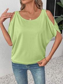 SHEIN LUNE Áo thun cổ tròn tay ngắn hở vai đơn giản, thích hợp cho mùa hè - Màu xanh Bạc hà - Xem 5