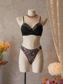 SHEIN Swim Women's Sexy Leopard Splice Spaghetti Strap Bikini Sets, Suitable For Summer Vacation - Multicolor - View 1