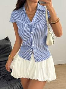 Flirla Casual Style Cinched Waist Front Open Hooded Short Sleeve Shirt