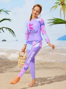 Tween Girl Vacation Beach Fish Scale Print Swimwear Set - Multicolor - View 1