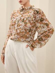 Aveloria Rosie Camicia trasparente con stampa digitale e maniche lunghe, taglie forti