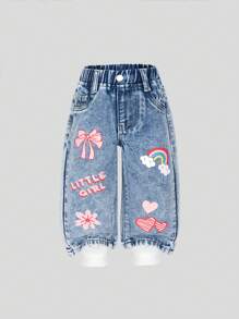 Jeans para niñas bebé, nuevos y adorables, de color azul vaquero con lazo y estampado de letras arcoíris, de algodón cómodo, pantalones rectos de moda casual holgada - Azul lavado medio - Ver 1