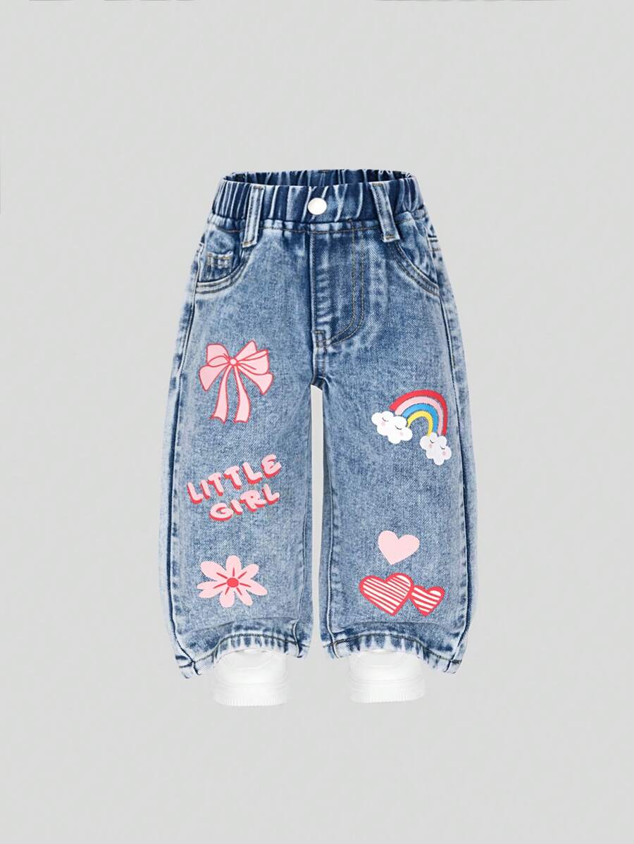 Jeans para niñas bebé, nuevos y adorables, de color azul vaquero con lazo y estampado de letras arcoíris, de algodón cómodo, pantalones rectos de moda casual holgada - Azul lavado medio - Ver 1