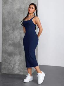 SHEIN Tall Square Neck Open Shoulder Fitted Bodycon Midi Denim Dress For Party & Vacation - Dark Wash - View 4