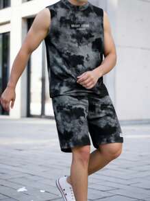 2 pièces Ensemble débardeur et short casual et confortable pour garçons pré-adolescents, imprimé peinture à l'encre tie-dye. Convient pour le printemps et l'été - Multicolore - Voir 1