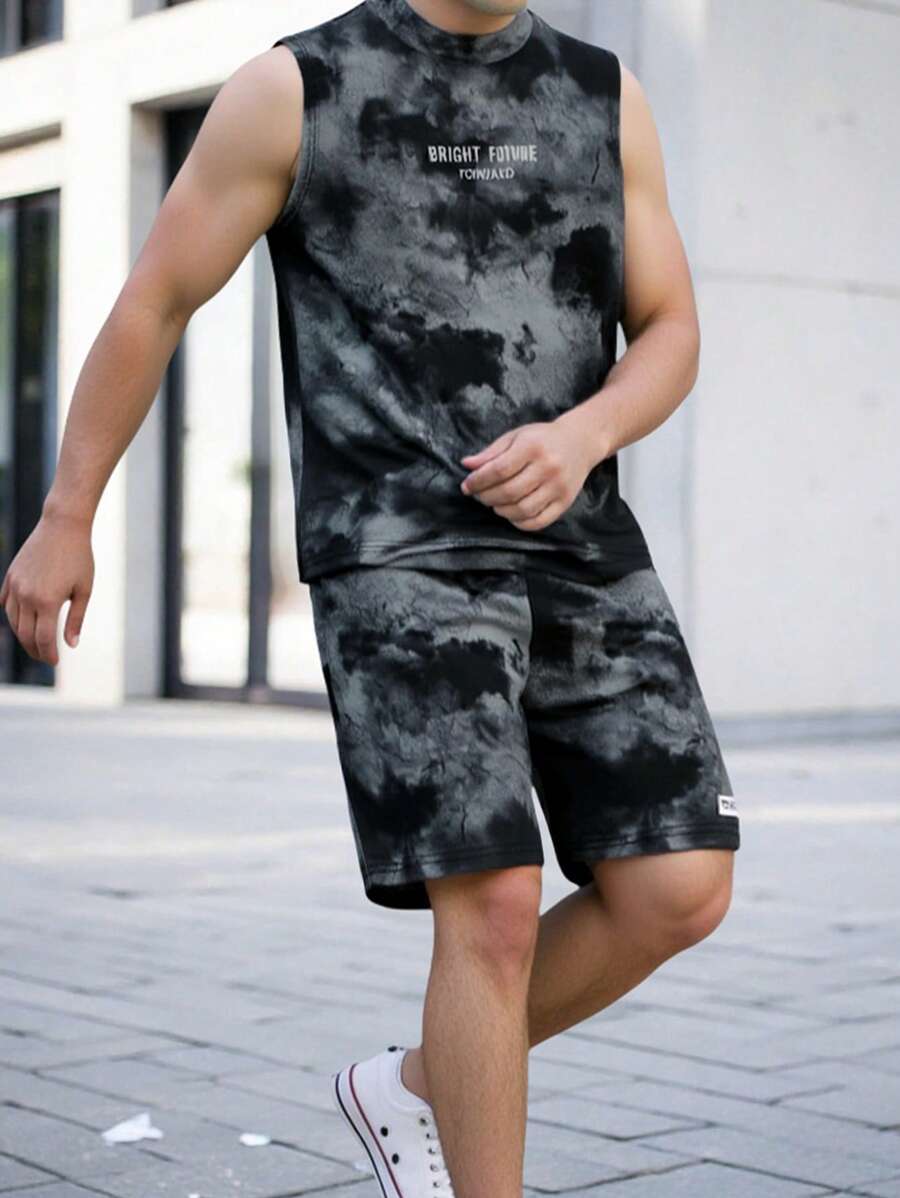 2 pièces Ensemble débardeur et short casual et confortable pour garçons pré-adolescents, imprimé peinture à l'encre tie-dye. Convient pour le printemps et l'été - Multicolore - Voir 1