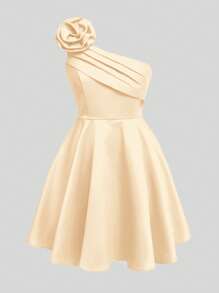 SHEIN Girlism 优雅纯色 3D 花卉单肩荷叶边短款舞会礼服，适合少女 - 杏色 - 查看 9