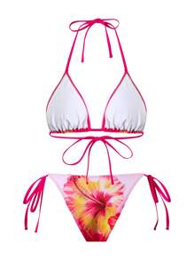 Swim Oasis 3 件套女士夏季海滩度假装，包括花卉印花比基尼、丁字裤和网眼束腰沙滩裙，波西米亚风格 - 彩色 - 查看 4