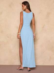 SHEIN BAE Đầm dài hở lưng màu xanh thanh lịch gợi cảm cho chuyến đi chơi mùa hè của phụ nữ, trang phục đi biển cho phụ nữ, trang phục hòa nhạc cho phụ nữ, trang phục ăn trưa cho phụ nữ, trang phục đi nghỉ ở bãi biển, trang phục lễ hội cho phụ nữ - Màu xanh lam - Xem 2