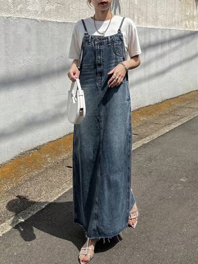 FRIFUL Women's Straight Cut Denim Pinafore Dress