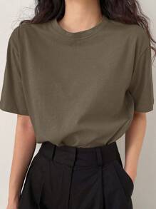 DAZY Women's Simple Solid Color Crew Neck Breathable Short Sleeve T-Shirt, Summer - Brown - View 3