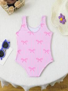Baby Girl Summer Beach Vacation Striped Bow Print One-Piece Swimsuit Swim Suits For Baby Girl Swimming Suits For Baby Swim Suits For Girls Bathing Suit For Baby Girl Swimwear - Pink - View 2