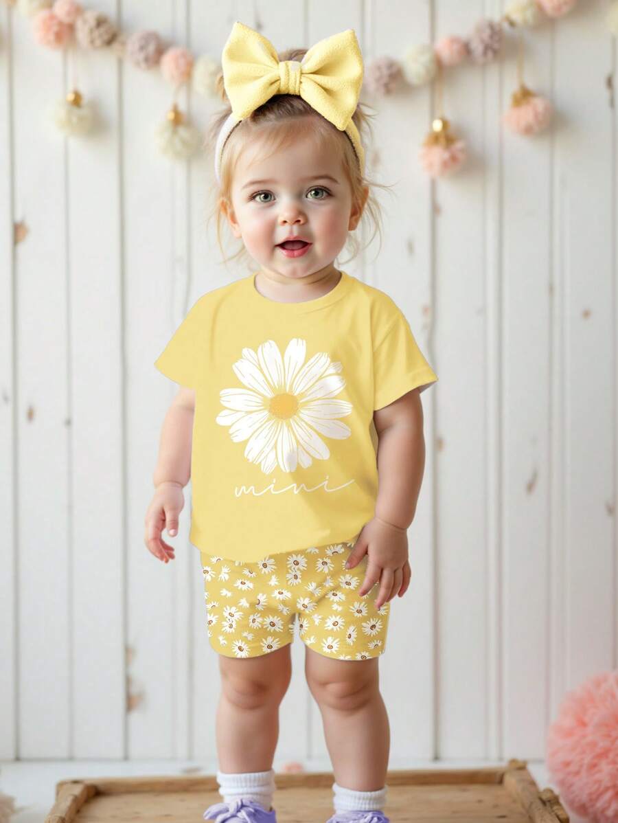 SHEIN Bộ áo thun tay ngắn cổ tròn tối giản giản dị cho bé gái và quần short bó sát, phù hợp cho mùa xuân và mùa hè - Nhiều màu - Xem 1