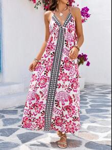 SHEIN VCAY 女式度假热带波西米亚印花细肩带系带休闲海滩夏季长裙 - 黑色 - 查看 3