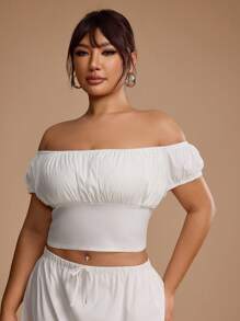 SHEIN Unity Áo cánh thêu bong bóng hở vai mới mùa hè tôn dáng cỡ lớn - trắng - Xem 5