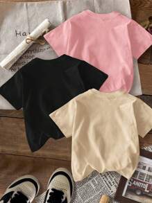 SHEIN Leap Crew 3pcs/Pack Tween Girls Casual Minimalist Heart Print Cartoon Pattern Multipacks T-Shirts, Suitable For Summer - Multicolor - View 2