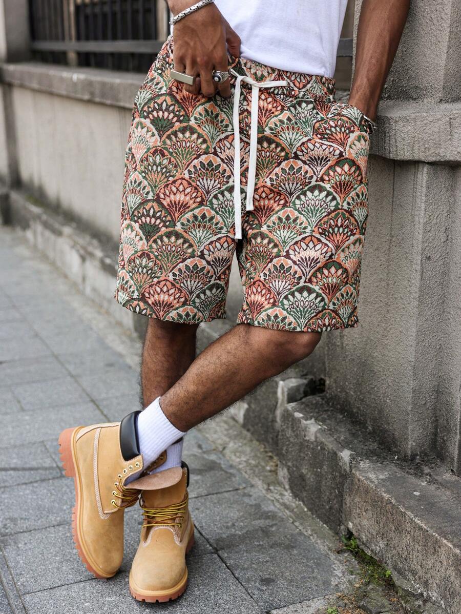 Manfinity Hypemode Men's Vacation Casual Style, INS Matched With Colorful Daisy Texture Jacquard Floral Pattern Casual Shorts. Featuring An Elastic Waistband, These Shorts Embody Fashionable Styling And French Casual Romance. They Are Perfect For A Hawaiian Beach Vacation, As Well As Music Festivals And Everydays, Making Them An Excellent Gift For Boyfriends Or Husbands. Men's Floral Jacquard Pattern Drawstring Waist Casual Shorts With Pockets , Floral Shorts For Men , Men Summer Floral - Orange - View 1