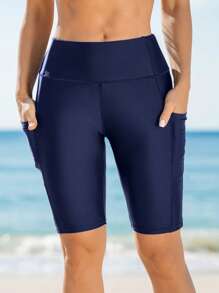 Swim SPRTY Women's Solid Color Side Pocket Beach Swimwear Bottoms For Summer Beach Vacation - Navy Blue - View 3