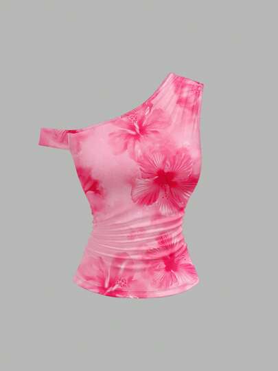 SHEIN MOD Women Floral Print Asymmetric Ruffle Trim Fitted Tank Top, Suitable For Summer Vacation Suitable For Going Out