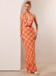 L'Amorae Elegant Sexy Cowl Halter Neck Open Back Gingham Chiffon Vacation Maxi Dress, Summer Outfits For Women, Beach Outfits For Women - Multicolor - View 1