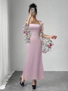 Modelyn Women's Floral Embroidered Mesh Splicing Slit Sleeve Elegant Dress - Pink - View 6