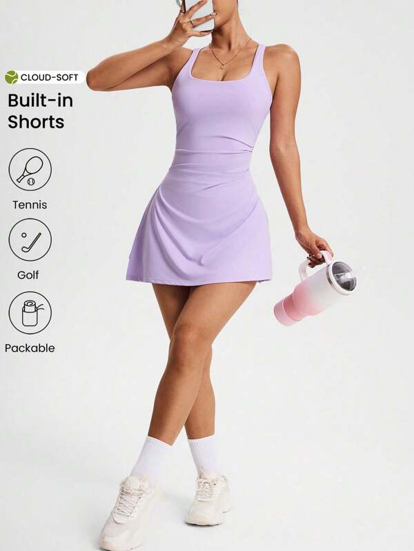 CourtClass Women Square Neck Pleated Sleeveless Solid Color Casual Fitness Sports Dress Athletic Dress