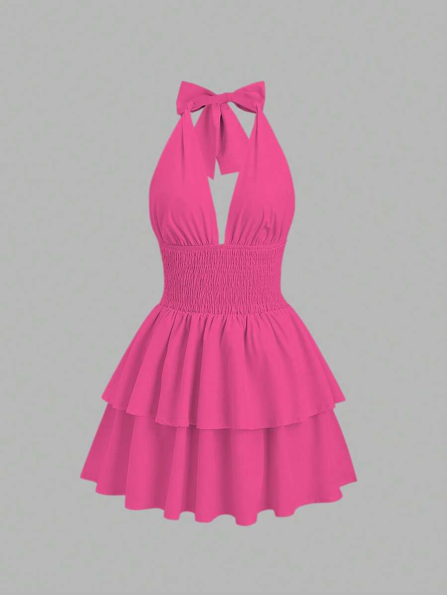 SHEIN Unity 1 件优雅纯色束腰露背吊带中长连衣裙 Y2K 装圣诞节派对连衣裙