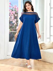 SHEIN Lacomfia Vestido casual de mujer de talla grande con mangas cortas, parches de encaje, recorte y textura fluida - Azul Marino - Ver 3