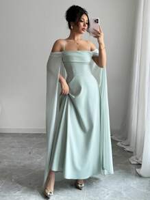 Rafferiza 法式优雅性感派对礼服，无袖露肩褶皱雪纺拼接透视袖收腰长裙，绿色，春夏 - 綠色 - 查看 3