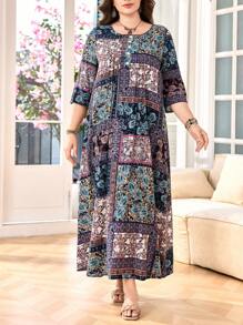 SHEIN Lacomfia Plus Size Women's Spring/Autumn Square Collar Printed 3/4 Sleeve Slimming Cinched Waist Dress