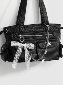 ROMWE Kawaii 1 pièce Pendentif coréen minimaliste élégant et polyvalent en argent de haute qualité avec chaîne à plusieurs couches, étoile et lune, breloque en dentelle blanche, DIY porte-clés, décorations de sac, convient pour les femmes, port quotidien et cadeau