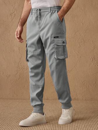 Manfinity ModaGents Pantalones casuales de hombre con cintura media, cordón y múltiples bolsillos, con puño