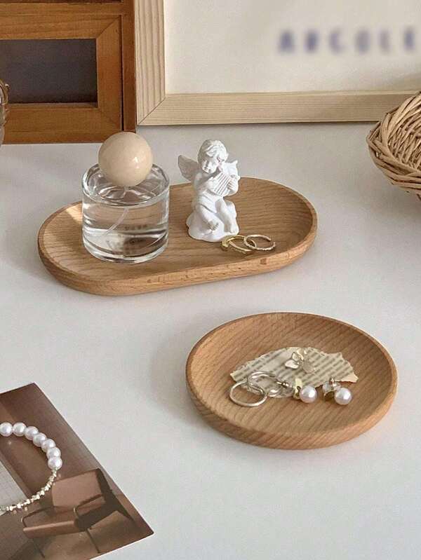 SHEIN 1pc Creative Nordic Simple Beechwood Tray, Tabletop Aroma Candle Holder, Wooden Plate For Entryway, Keys, Jewelry Storage Valentine Day