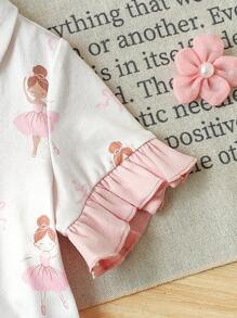 Dozemod Baby Girl Baby Girl Cute Cartoon Pattern Collar Short Sleeve Ruffle Trim Loose Nightgown, Suitable For Daily Wear, Suitable For Outing And Home - Pink - View 3