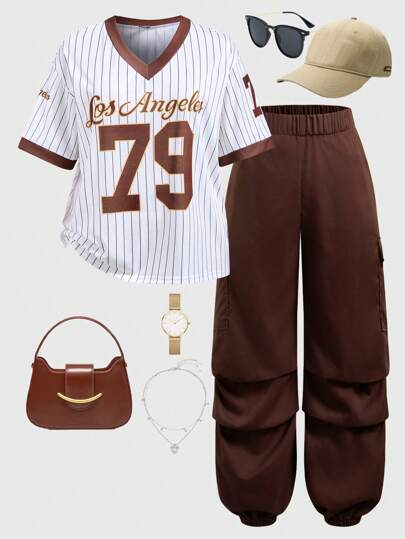 Conjunto de 2 piezas de talla grande con camiseta deportiva cuello en V con estampado numérico color café y pantalones casuales sólidos color marrón