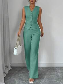 Selianne 女士优雅时尚通勤休闲无袖 V 领松紧腰后系带背心和直腿裤套装，纯色 - 橄欖綠 - 查看 7