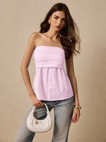 Poéselle 女式条纹纽扣设计荷叶边时尚吊带背心 - 粉色 - 查看 4