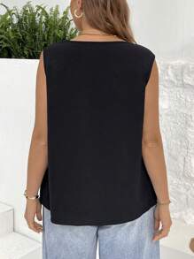 SHEIN Essnce Chemise sans manches noire ample et confortable pour femmes grandes tailles, style printemps/été, style minimaliste, pour le bureau, le travail, le style "old money", les sorties. Blouse ample pour grandes tailles, style européen été, tenue casual chic pour femmes.