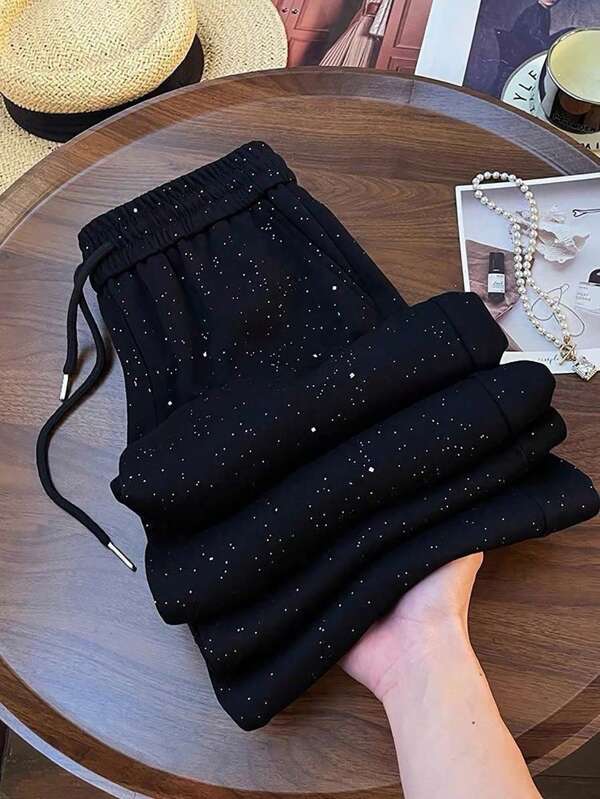 SHEIN PETITE Pantalon décontracté à jambe droite et large à taille élastique étoilée argentée