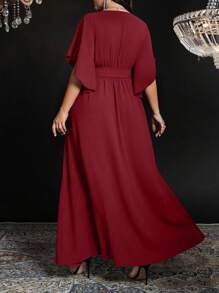 Auvina Vestido de fiesta elegante para mujer de talla grande con cuello en V, fruncido, cintura con lazo, mangas acampanadas y bajo con abertura