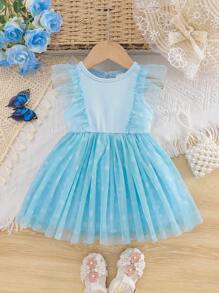 Baby Mädchen elegantes, süßes, leichtgrünes Kleid mit Blumenmuster aus Mesh- und Rippstoff ohne Ärmel in A-Linie, wunderschön und niedlich, geeignet für Frühling/Sommer, Outdoor, Partys, Fotoaufnahmen, Alltagsanlässe - Blau - Übersicht 3