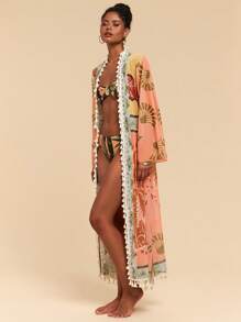 Travachic 女式全印花流苏装饰休闲度假长袖罩衫