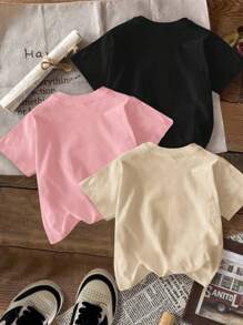 SHEIN Leap Crew 可爱卡通花朵和笑脸图案，少女休闲简约卡通设计多件装 T 恤，适合夏季 - 彩色 - 查看 2