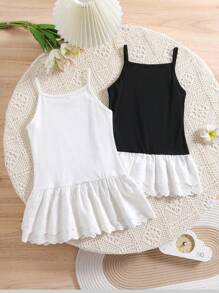 Conjunto de 2 piezas para niña que incluye top de tirantes básico de punto y falda con dobladillo estilo francés vintage con encaje, para primavera y verano