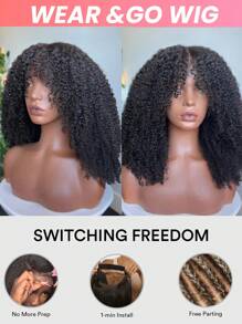 Peluca rizada tipo Jerry sin pegamento con cierre de encaje 4x4 de cabello humano, peluca de cabello humano con encaje cortado previamente para mujeres para usar y llevar, peluca rizada tipo Jerry natural negra sin pegamento, pre-pelada con una densidad del 180%